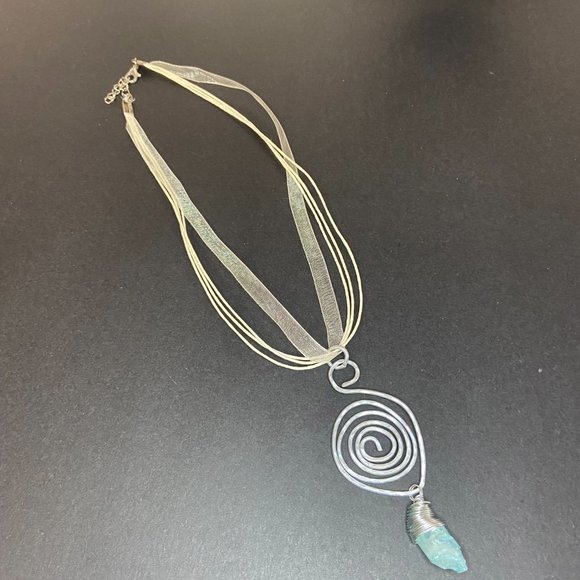 Hammered Stainless Steel Wire Pendant w/ Wrapped Blue Dyed Quartz Stone - Picture 12 of 12